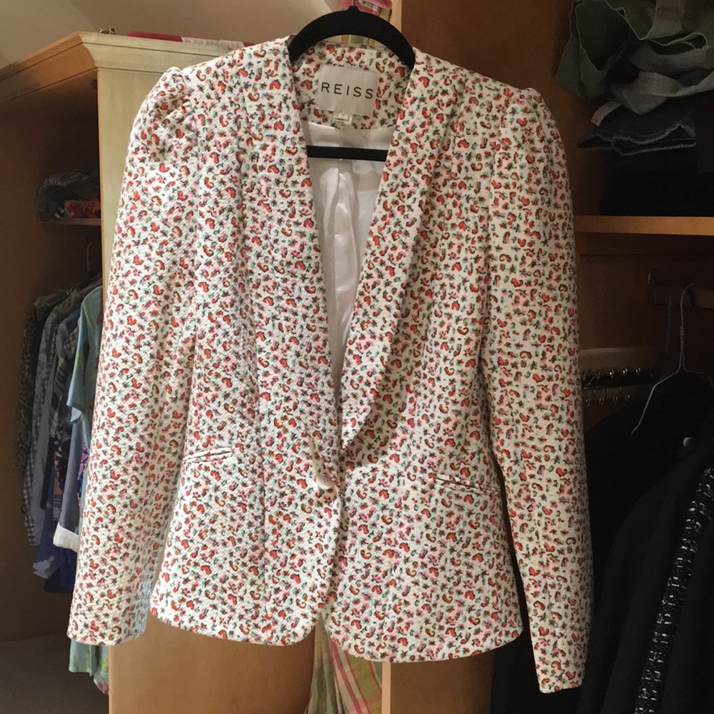 REISS BLAZER. Red, pink, and green flowers.